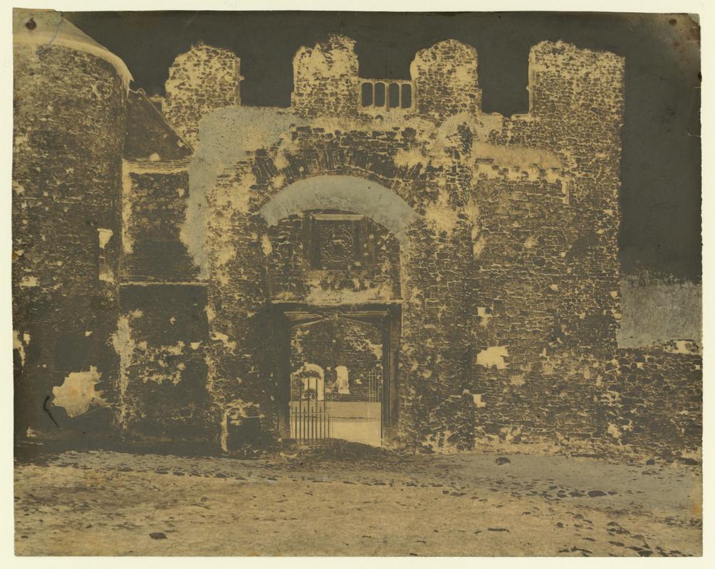 Wax paper calotype negative. Oxwich Castle - Gateway on West Side (1855-1860)