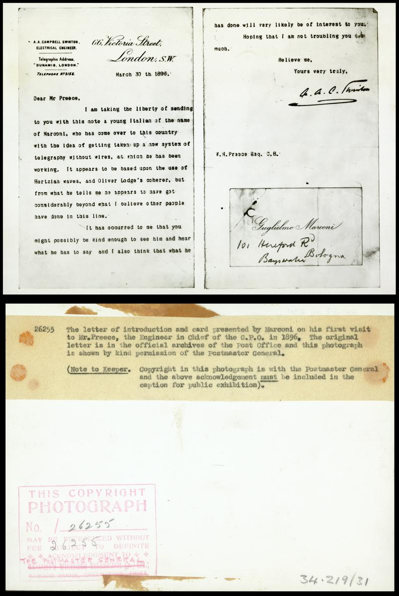 Letter of introduction and card presented by Marconi on his first visit to Mr. Preece.