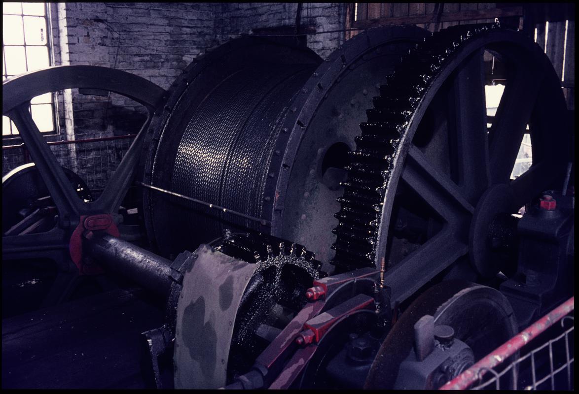 Colour film slide showing the Andrew Barclay winding engine, Morlais Colliery, 1975.