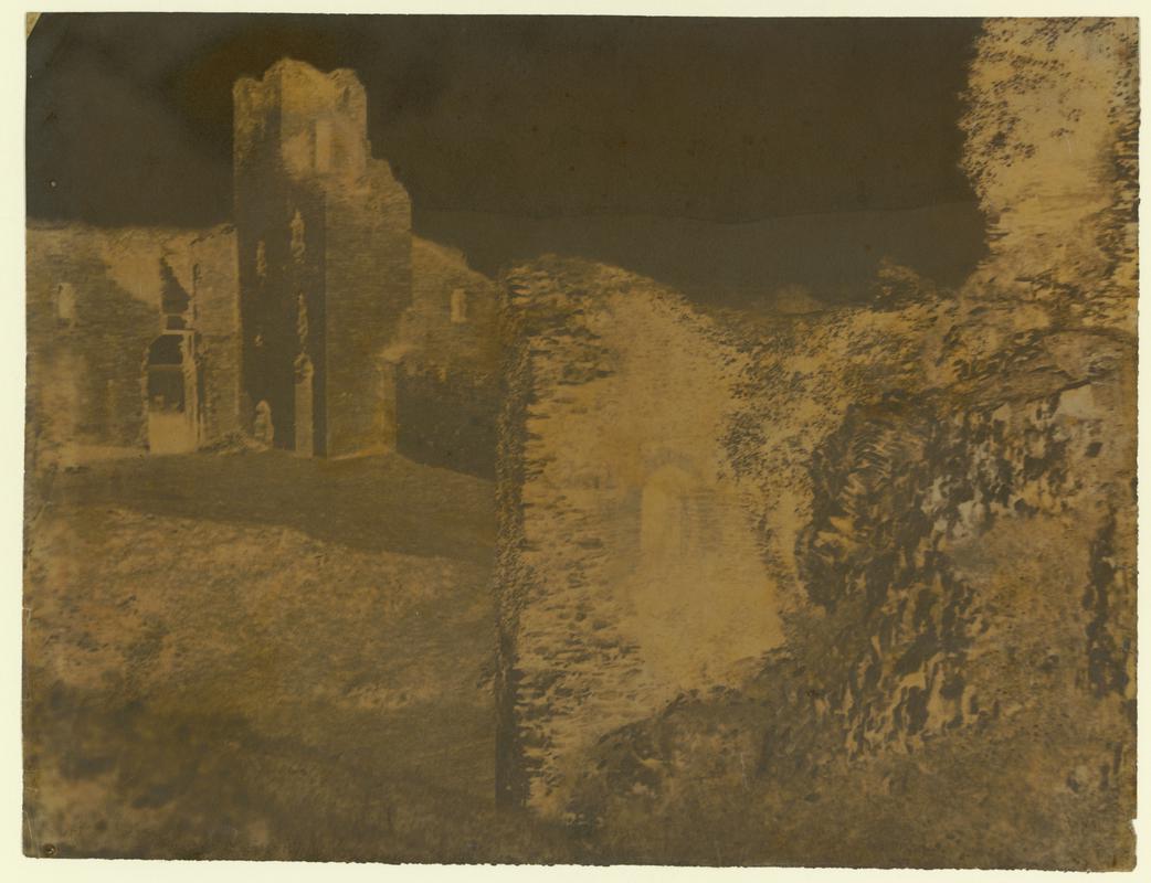 Wax paper calotype negative. Caerphilly Castle - from Southern Gateway (1855-1860)