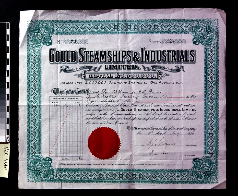 Gould Steamships & Industrials Ltd., share cert.