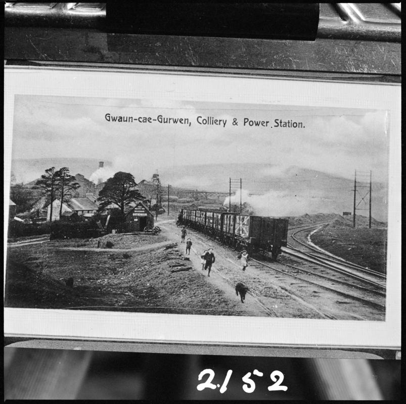 Black and white film negative of a photograph showing a general surface view of Gwaun-Cae-Gurwen Colliery.  &#039;G.C.G&#039; is transcribed from original negative bag.