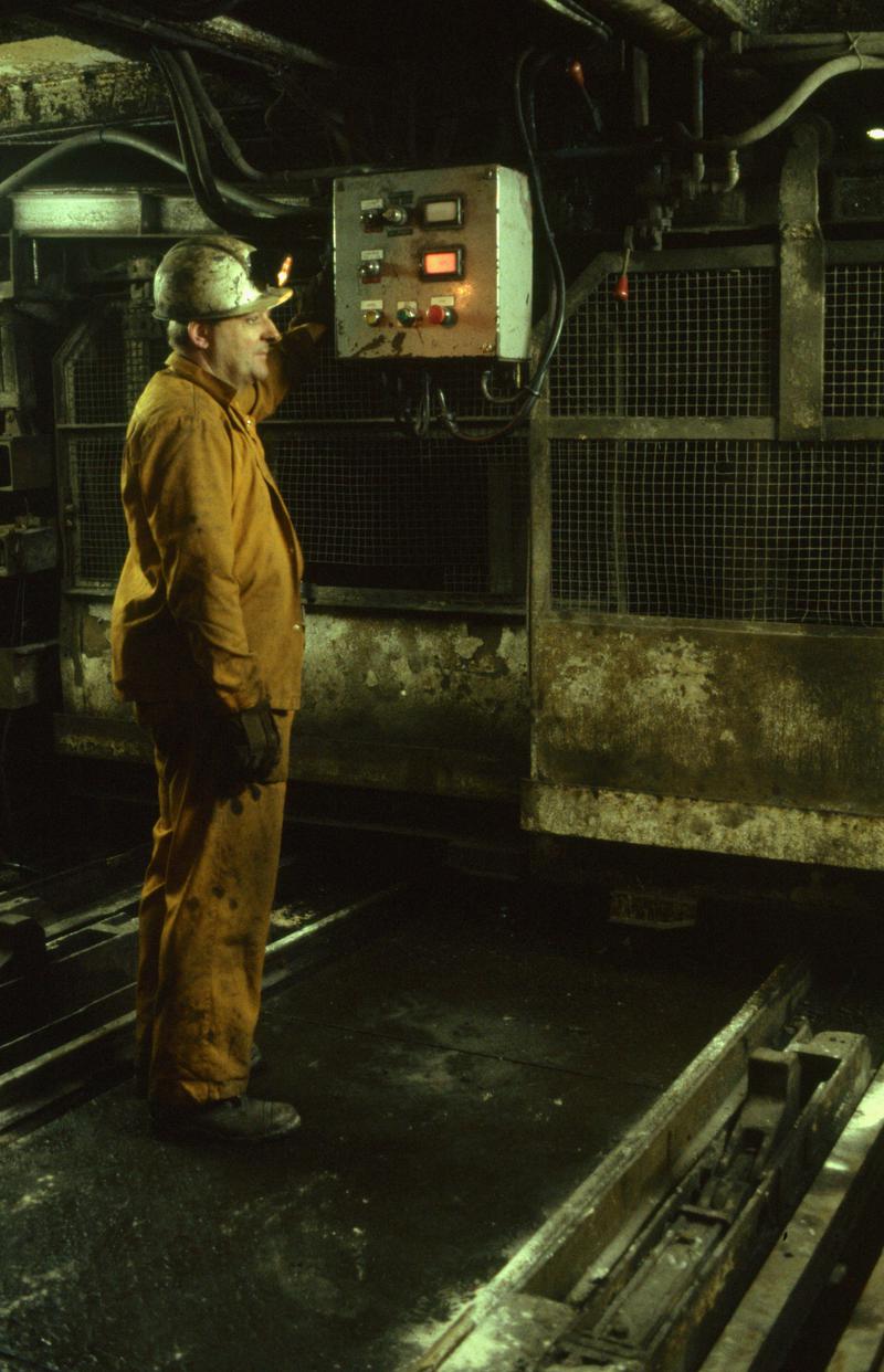 Colour film slide showing miner at pit bottom, Oakdale Colliery 21 May 1981.