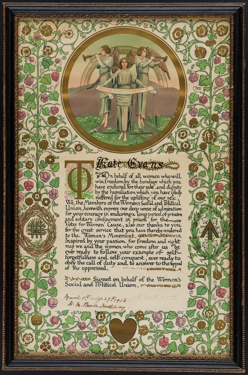 Illuminated address awarded to Kate Williams Evans by the Women&#039;s Social and Political Union on May 16th 1912