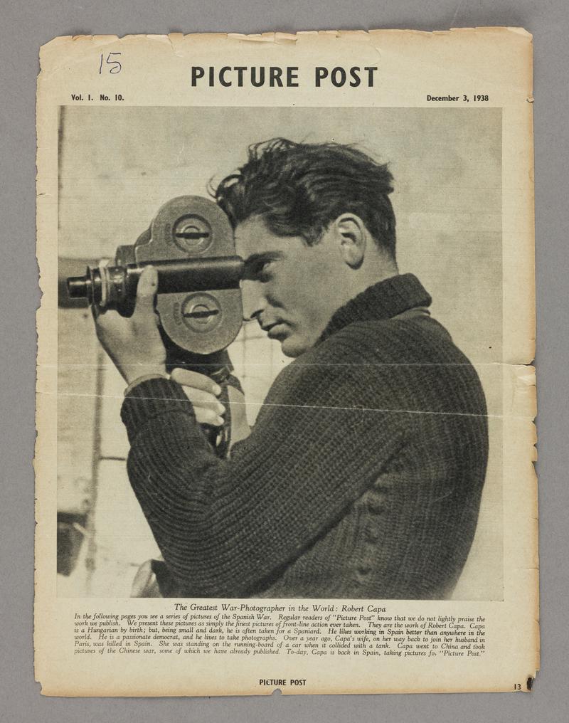 Six pages (pages 13-24) from Picture Post Vol. 1 No. 10 December 3, 1938. Article is titled &#039;This is War!&#039; and features 26 photographs showing images of Spanish Civil War taken by Robert Capa. Page 13