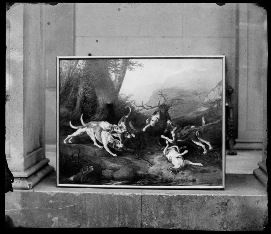 painting of a stag and hounds, negative