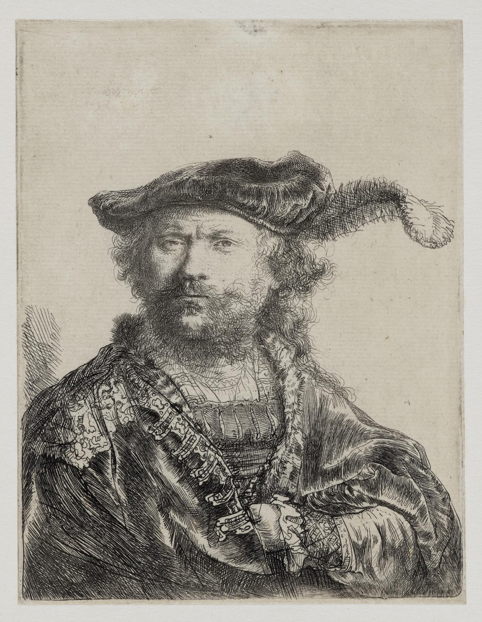 Rembrandt in velvet cap and plume, with an embroidered dress