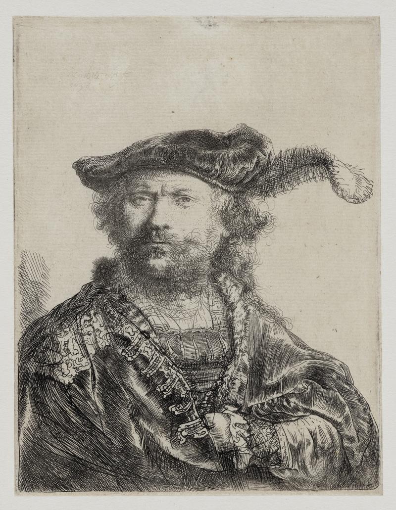 Rembrandt in Velvet Cap and Plume, with an Embroidered Dress