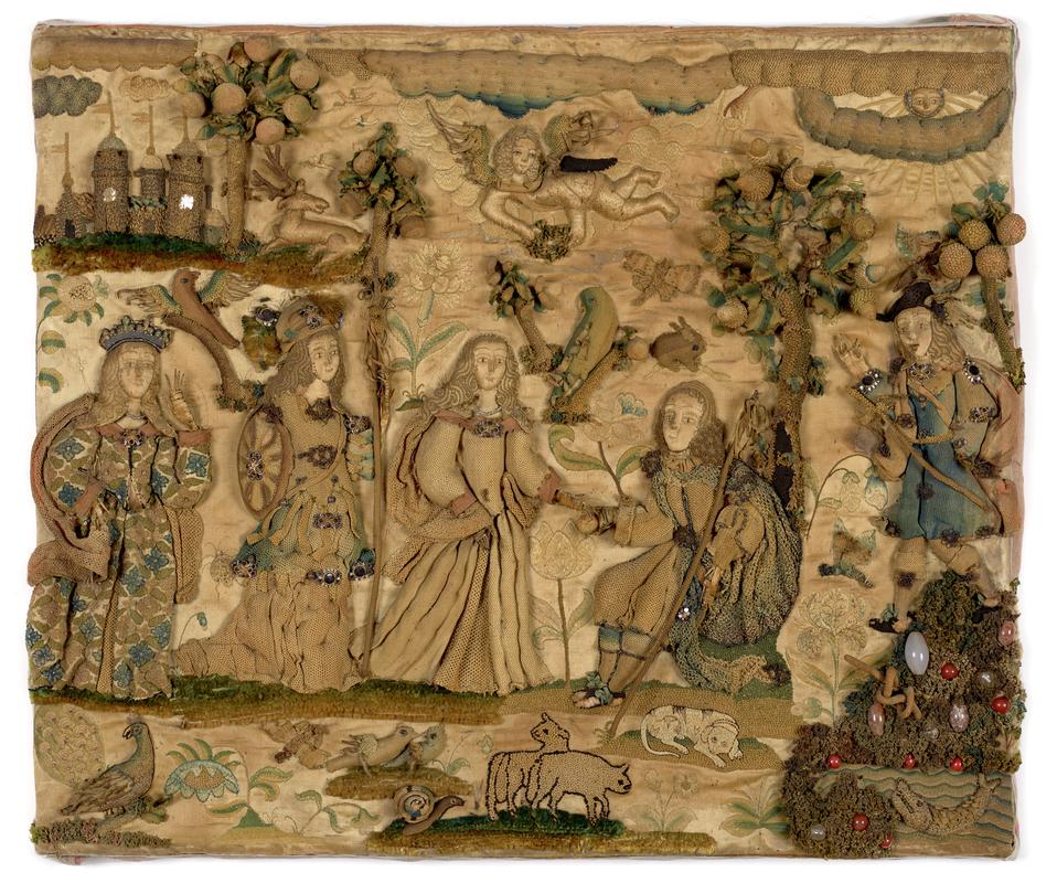 Raised work (stumpwork) picture of The Judgement of Paris, about 1620-40.