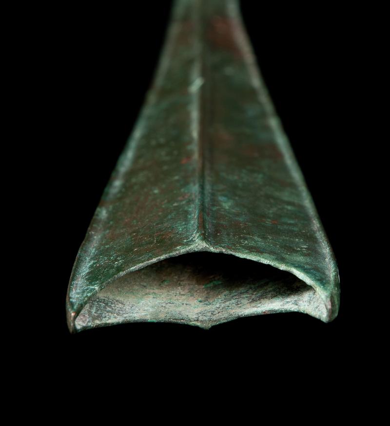Late Bronze Age sword scabbard chape - close up of thin walls