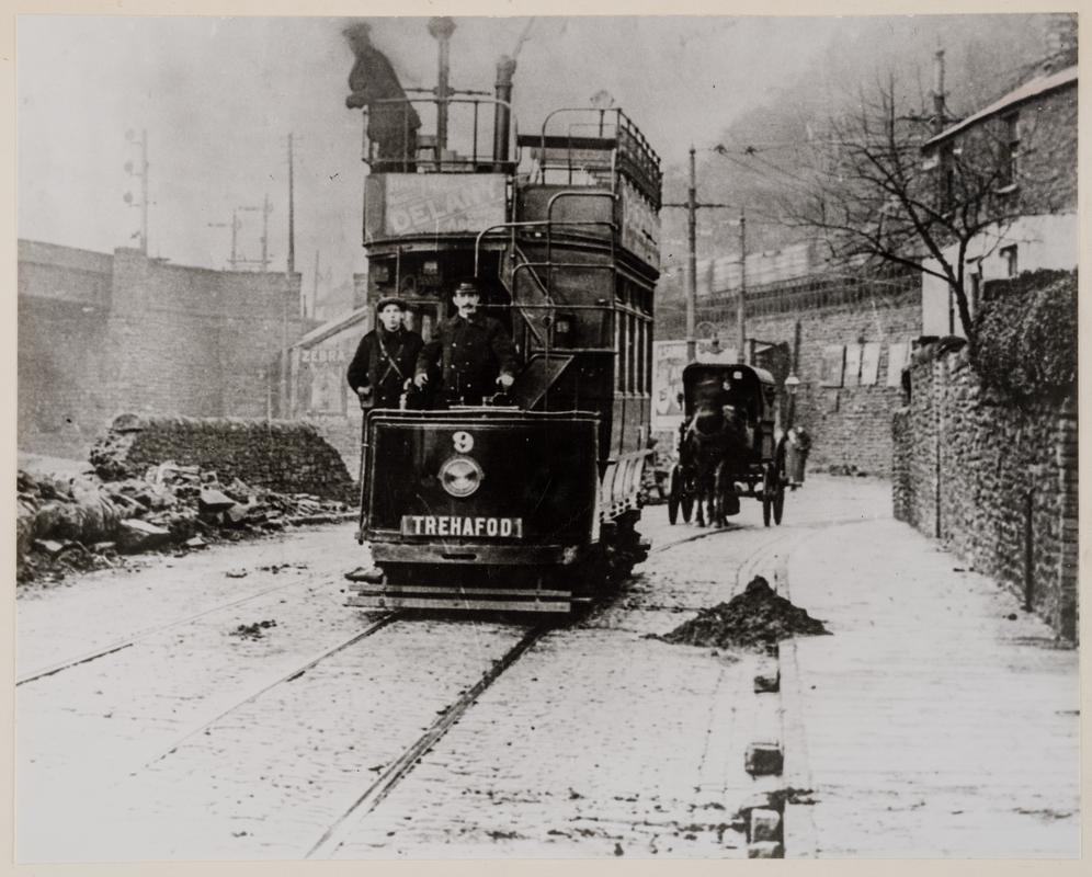 Tramcar near Trehafod Junction of Barry and Taff Vale Railways (somersault signals), circa 1900-1914.
