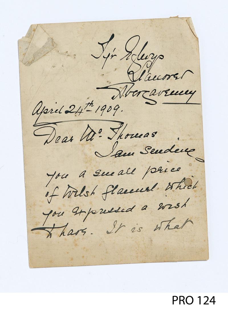 Letter, dated 1909, written by Susanna Berrington Gruffydd Richards