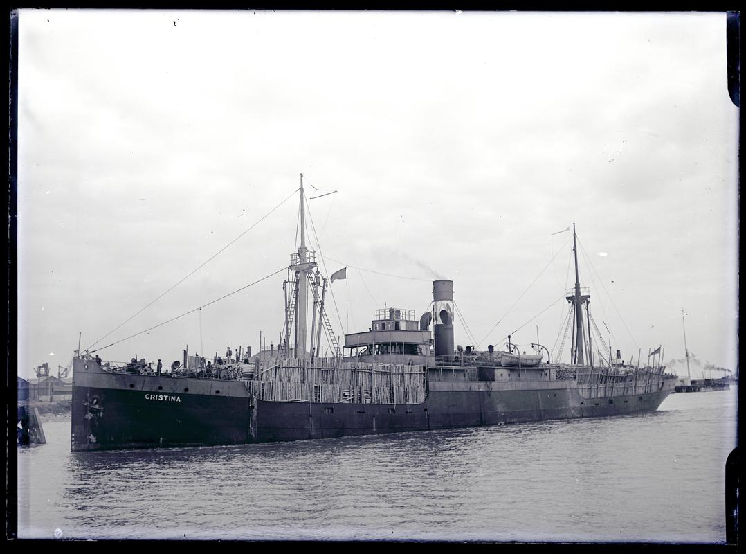 Starboard broadside view of S.S. CONSUL BRATT at Cardiff Docks, c.1936.