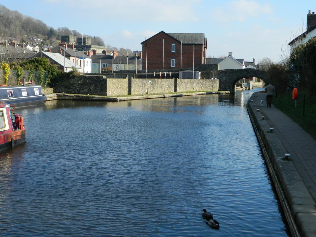 Brecon &amp; Abergavenny Canal: looking east from bridge at east end of terminal basin at Brecon.