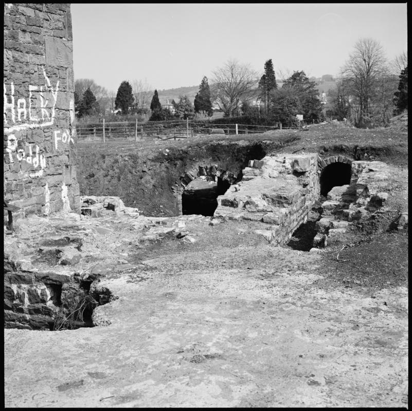 Black and white film negative showing the remains of Scott&#039;s Pit, Llansamlet. &#039;Scotts Pit&#039; is transcribed from original negative bag.