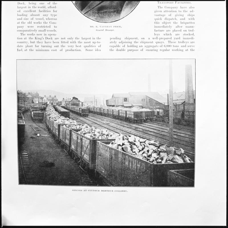Black and white film negative showing sidings at Clydach Merthyr Colliery, photographed from a publication. &#039;Clydach Merthyr Colliery&#039; is transcribed from original negative bag.