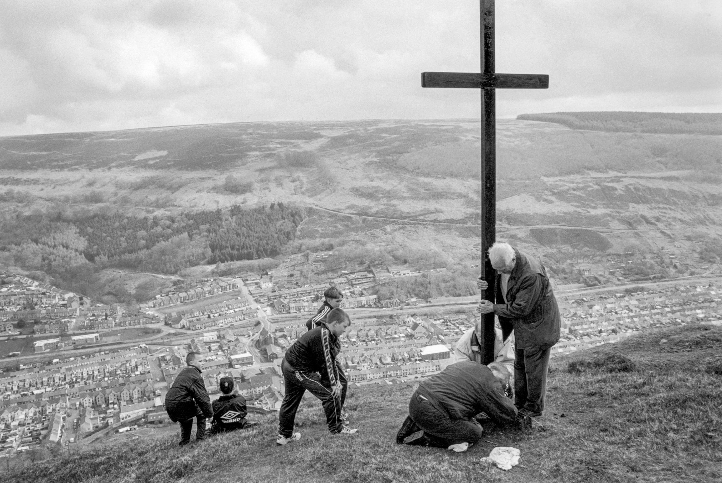 Easter Chapel walk and the placing of the Cross on the top of the local mountain. Cwm, Wales