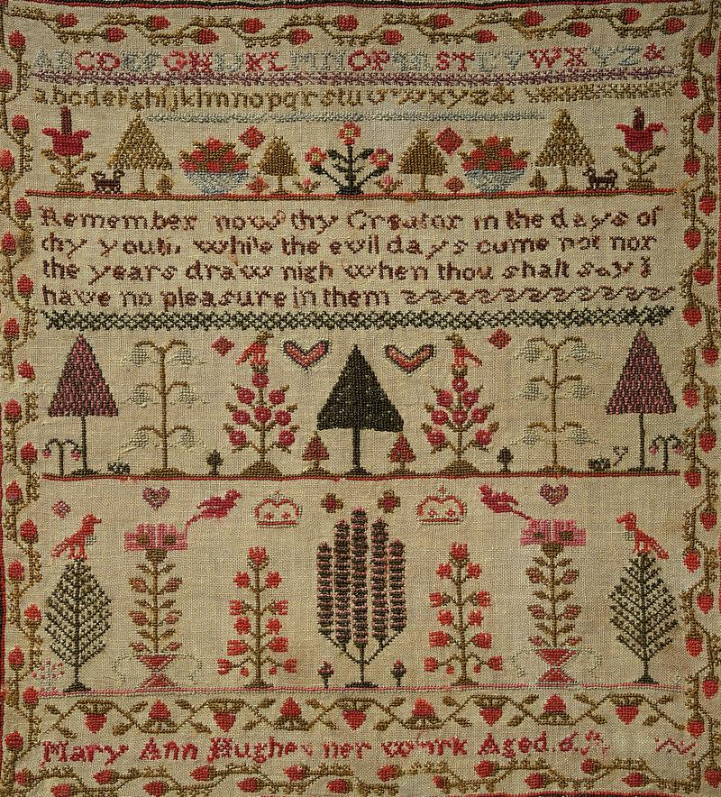 Sampler (alphabet, motifs &amp; Biblical verse), made in Eglwys-fach, c. 1855