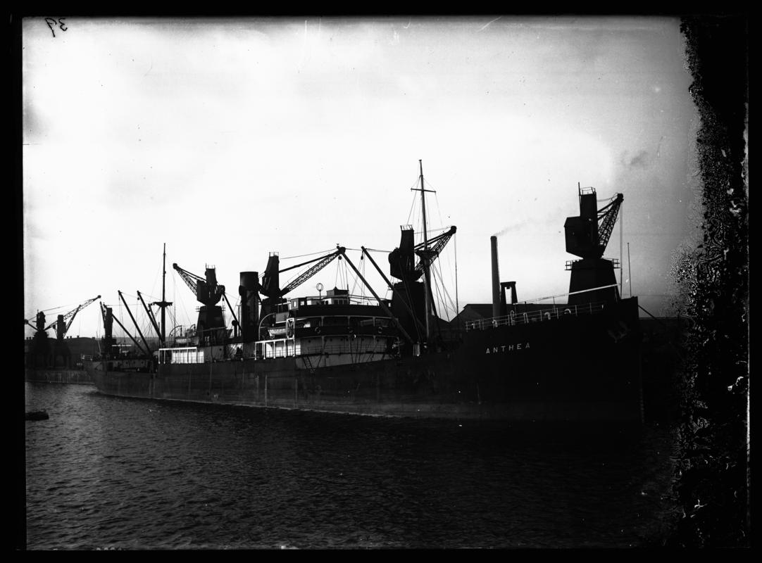 Starboard broadside view of S.S. ANTHEA at Cardiff Docks,  c.1936.