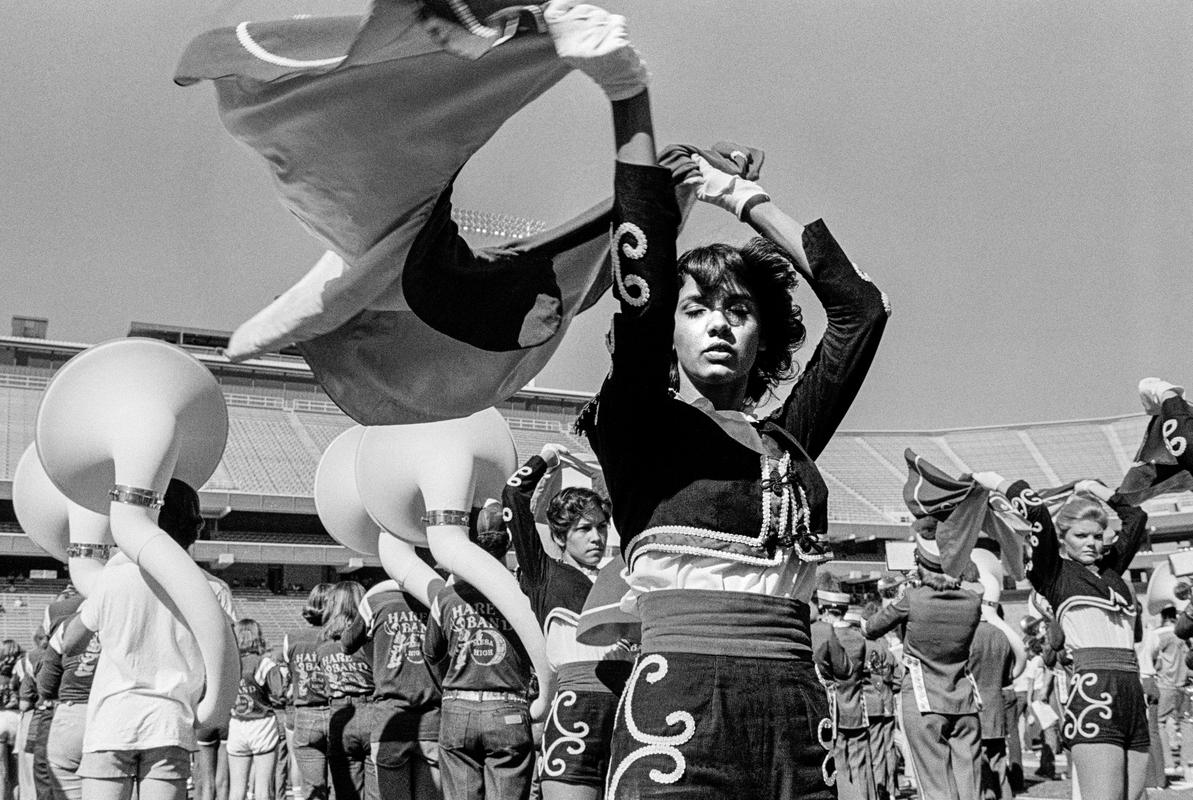 USA. ARIZONA. High school bands practice for a mass bands competition in the Arizona State University Football stadium. 1979.