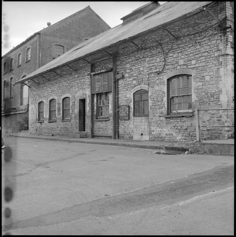 Black and white film negative showing the exterior of the lamproom, Penrhiwceibr Colliery 1980.  &#039;Penrikyber&#039; is transcribed from original negative bag.