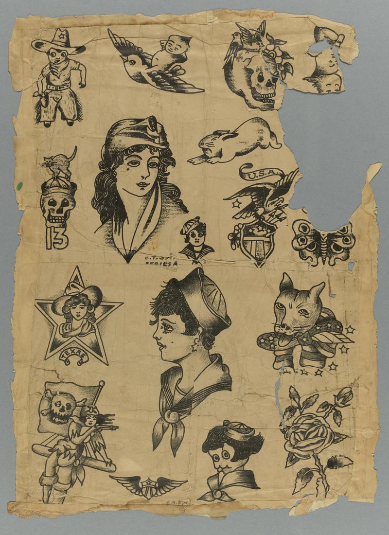 Multiple black and white images on paper, including star with female in
stetson inside / &#039;Texas&#039;. Torn and ragged around edges: large piece missing from top right section
(see: F2021.21.548 /  L387.548).