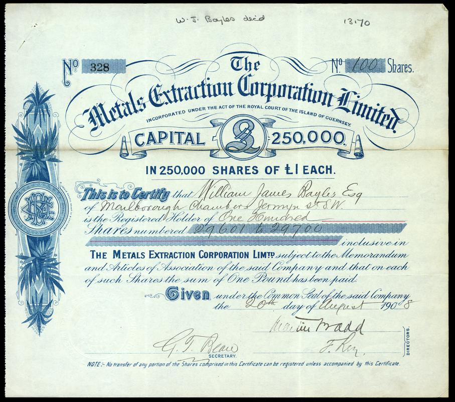 Share Certificate &quot;The Metals Extraction Corporation Limited&quot;