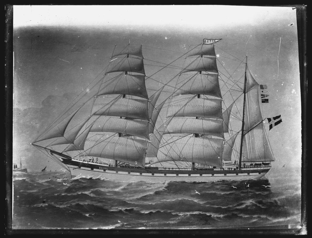 Photograph of painting showing a port broadside view of the three-masted barque BRITTA.