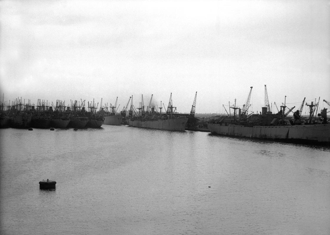 Liberty ships lying idle at South Dock, Newport