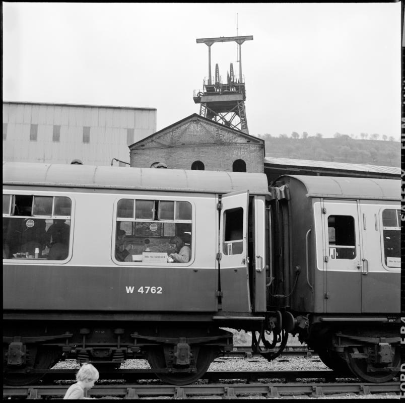 Black and white film negative showing locomotive carriages at Abertillery New Mine, 1977. &#039;1977&#039; is transcribed from original negative bag.  Appears to be identical to 2009.3/2330.