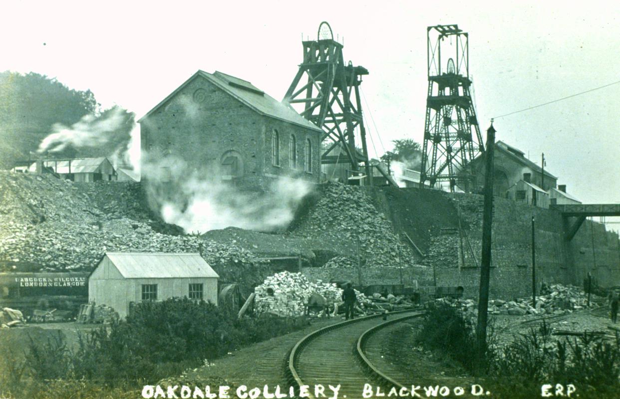 Black and white film slide of a photograph showing a general view of &#039;Oakdale Colliery, Blackwood&#039;.