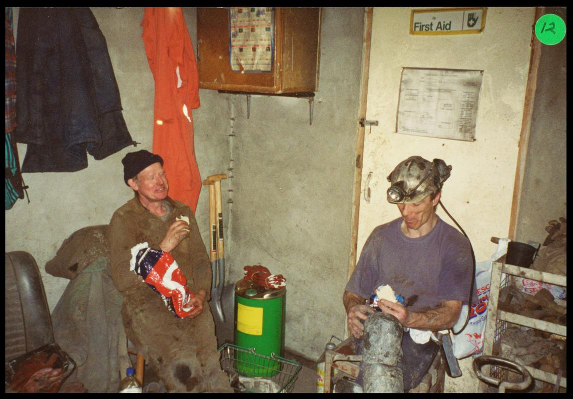 Karee Williams (manager/owner) and Ray Davies (collier) in the messroom/office at Blaencuffin Colliery, 2000