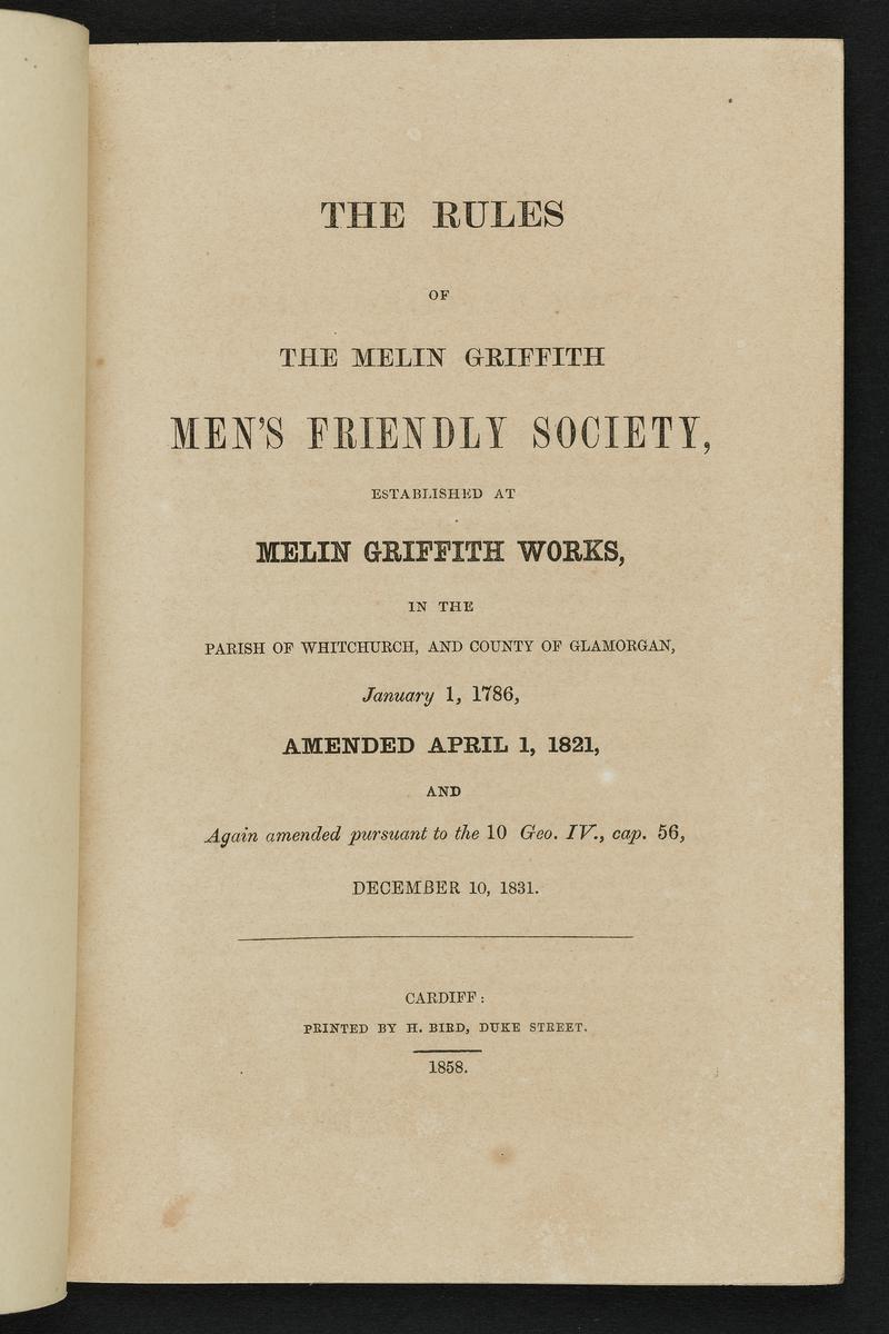Melingriffith Men&#039;s Friendly Society, rule book. (title page (ie first internal page) only)