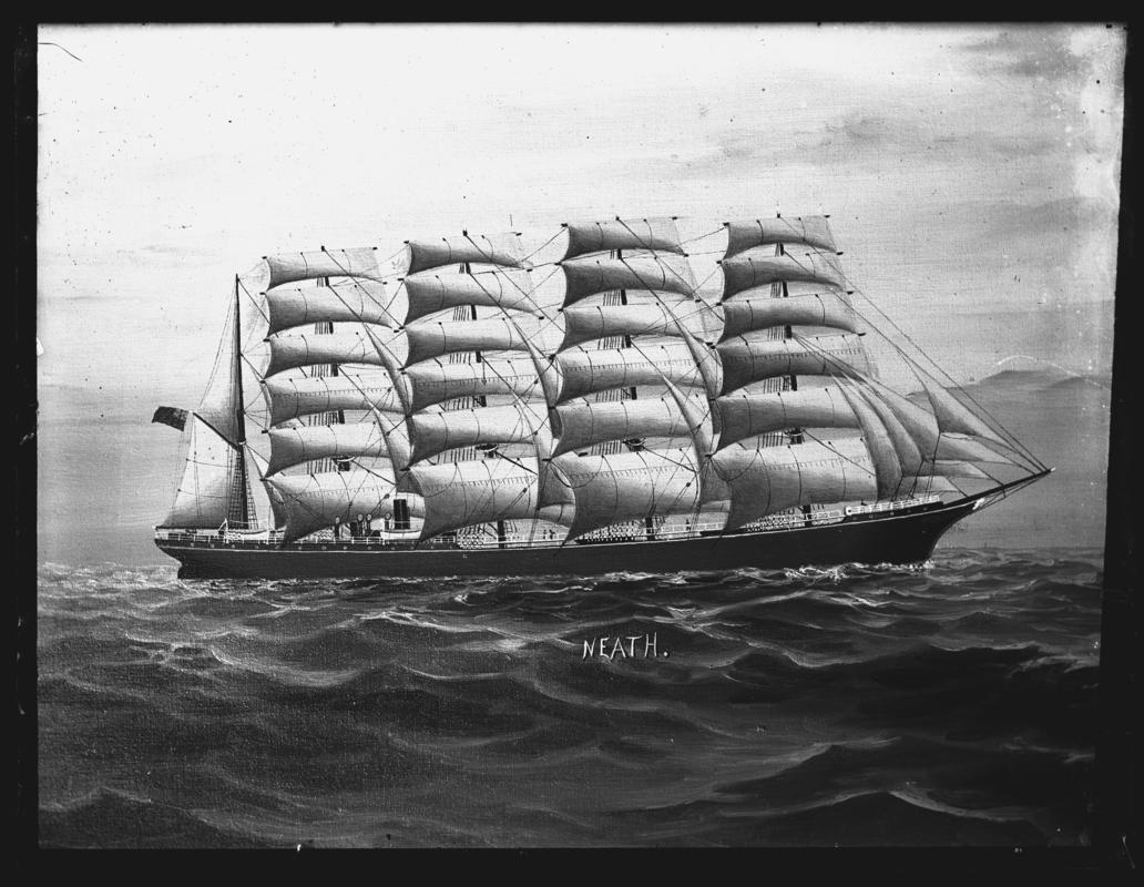 Photograph of a painting showing a starboard broadside view of the five-masted barque NEATH.  Also equipped with an auxiliary steam engine.  Title of painting - NEATH.