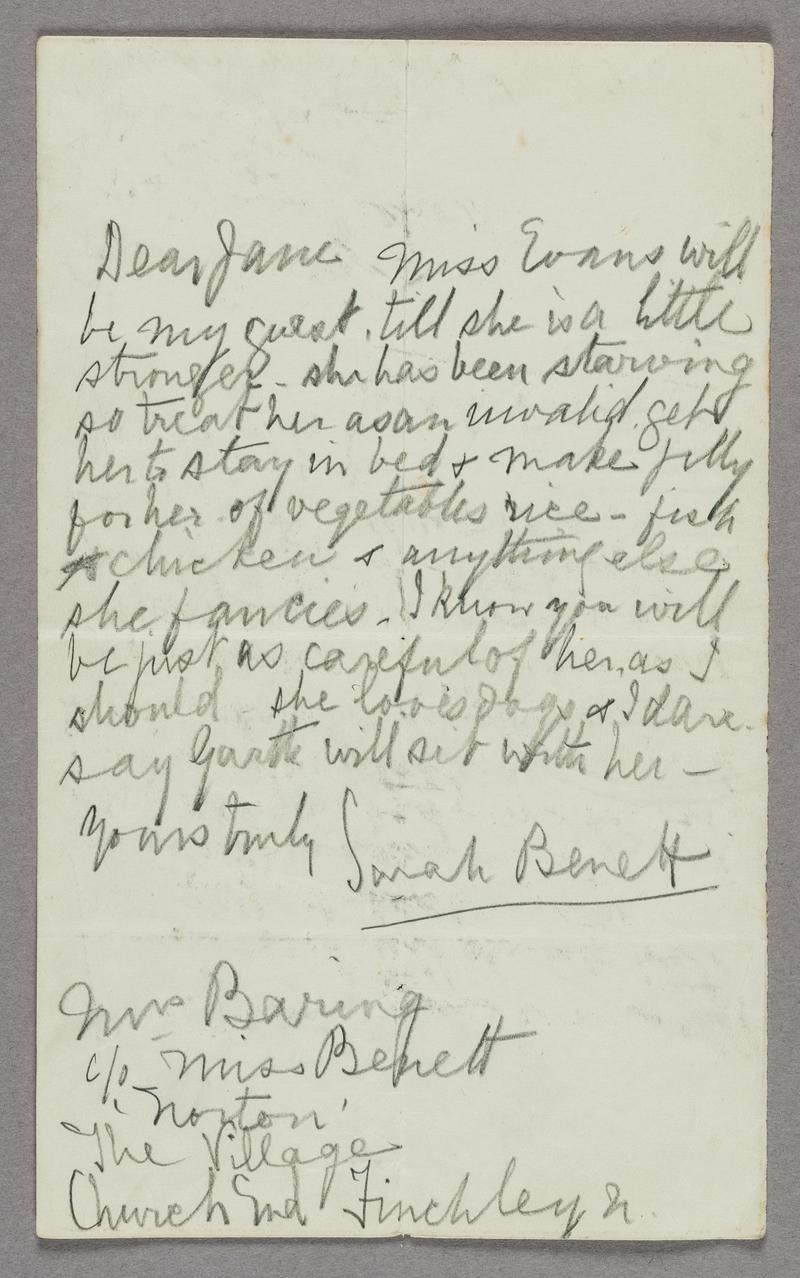 Letter written by Sarah Bennett to her maid March/April 1912 regarding Kate Williams Evans