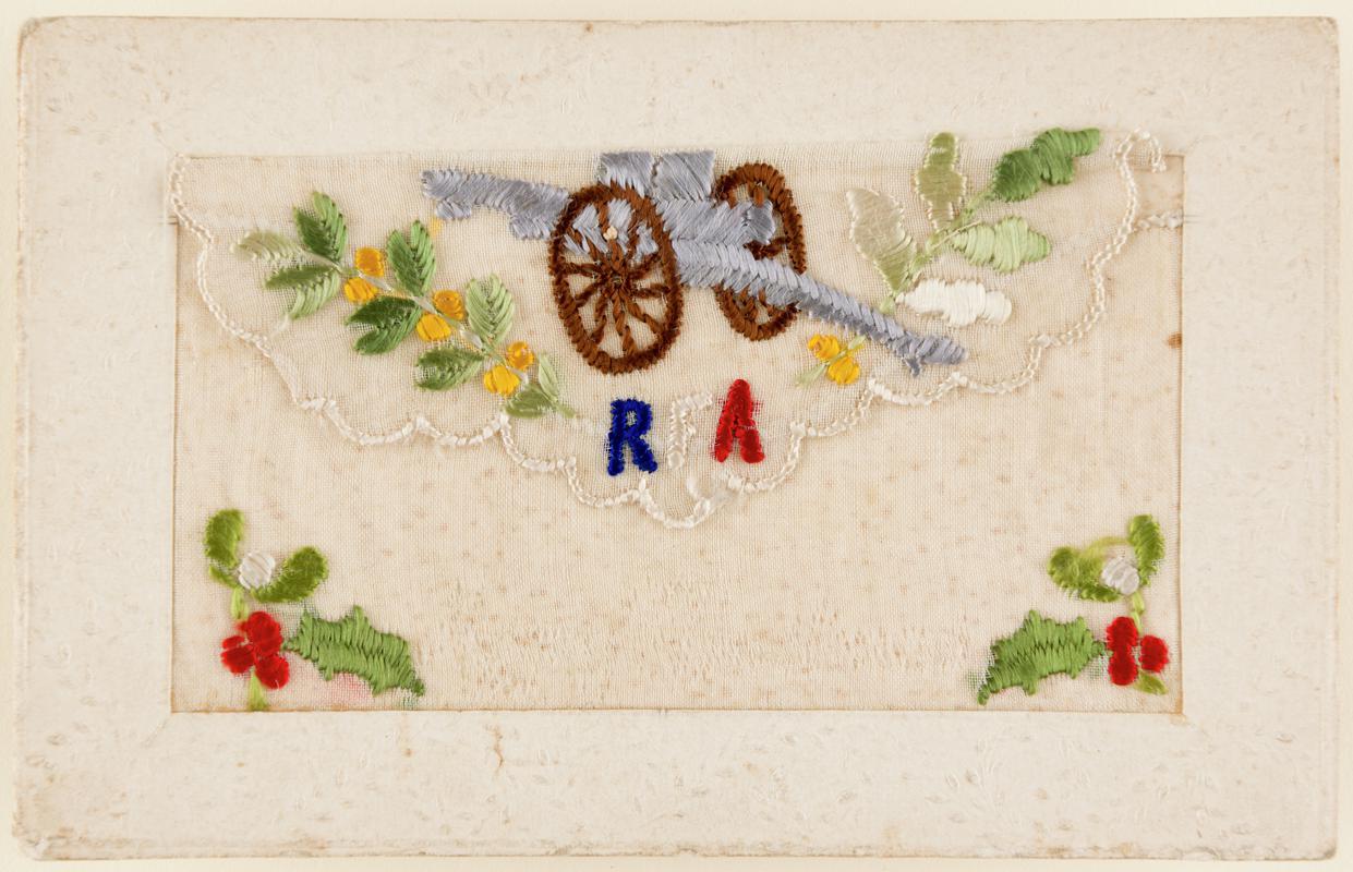 Embroidered card with images of Allied flags