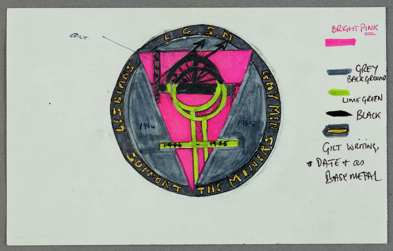 Original design for Lesbians &amp; Gaymen Support the Miners 1984-1985 badge.