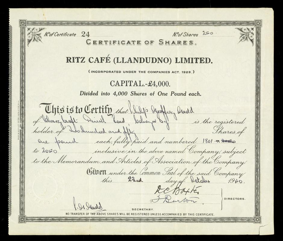 Ritz Café (Llandudno) Ltd., share cert
