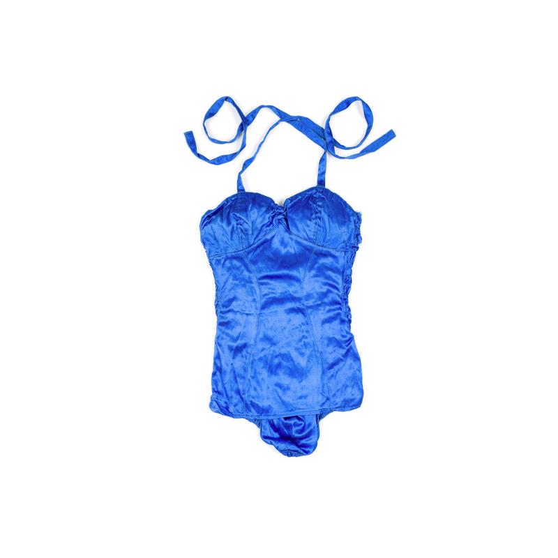Woman&#039;s one-piece in deep blue satin bathing costume
