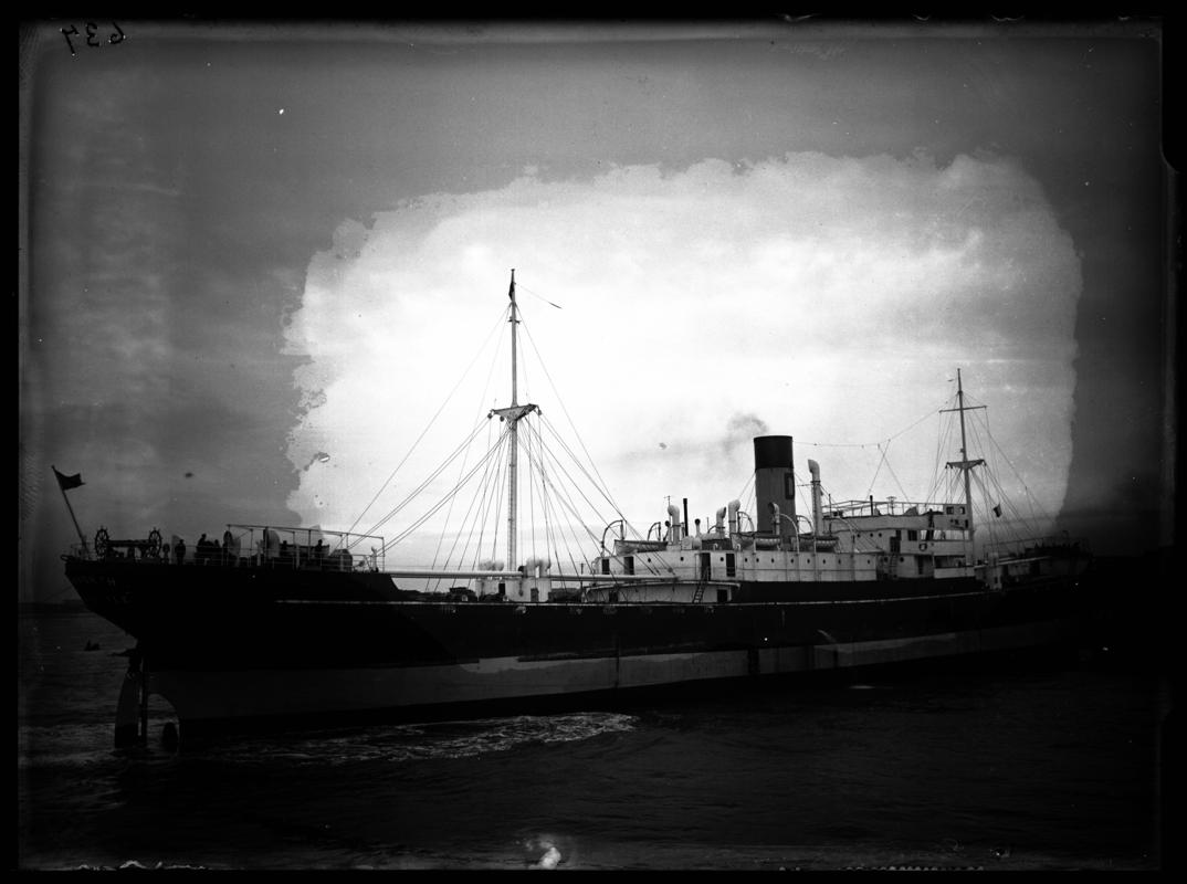 3/4 Starboard stern view of the M.V. ELM WORTH, Cardiff Docks, 1936-1937