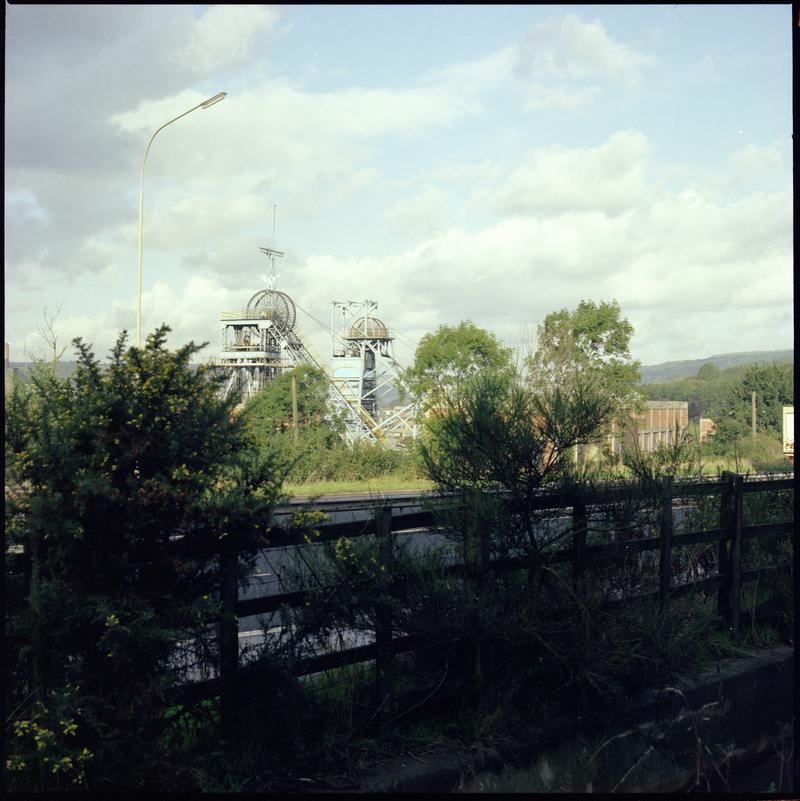 Colour film negative showing a view of the upcast and downcast shafts, Nantgarw Colliery.  &#039;Nantgarw&#039; is transcribed from original negative bag.