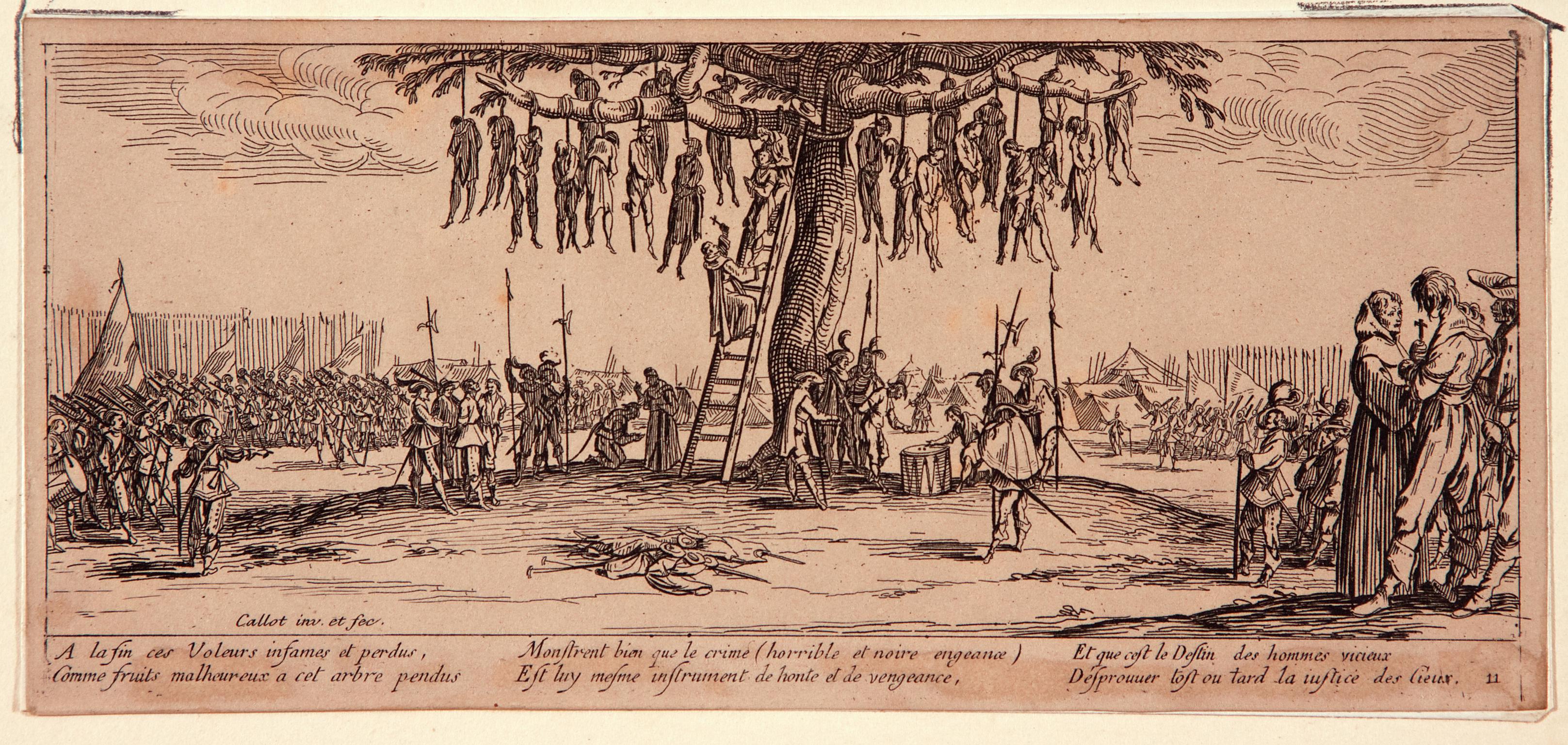 The pendaison with a score of bodies hanging from an oak