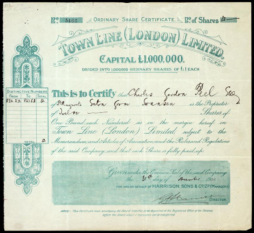 Share Certificate &quot;Town Line (London) Limited&quot;