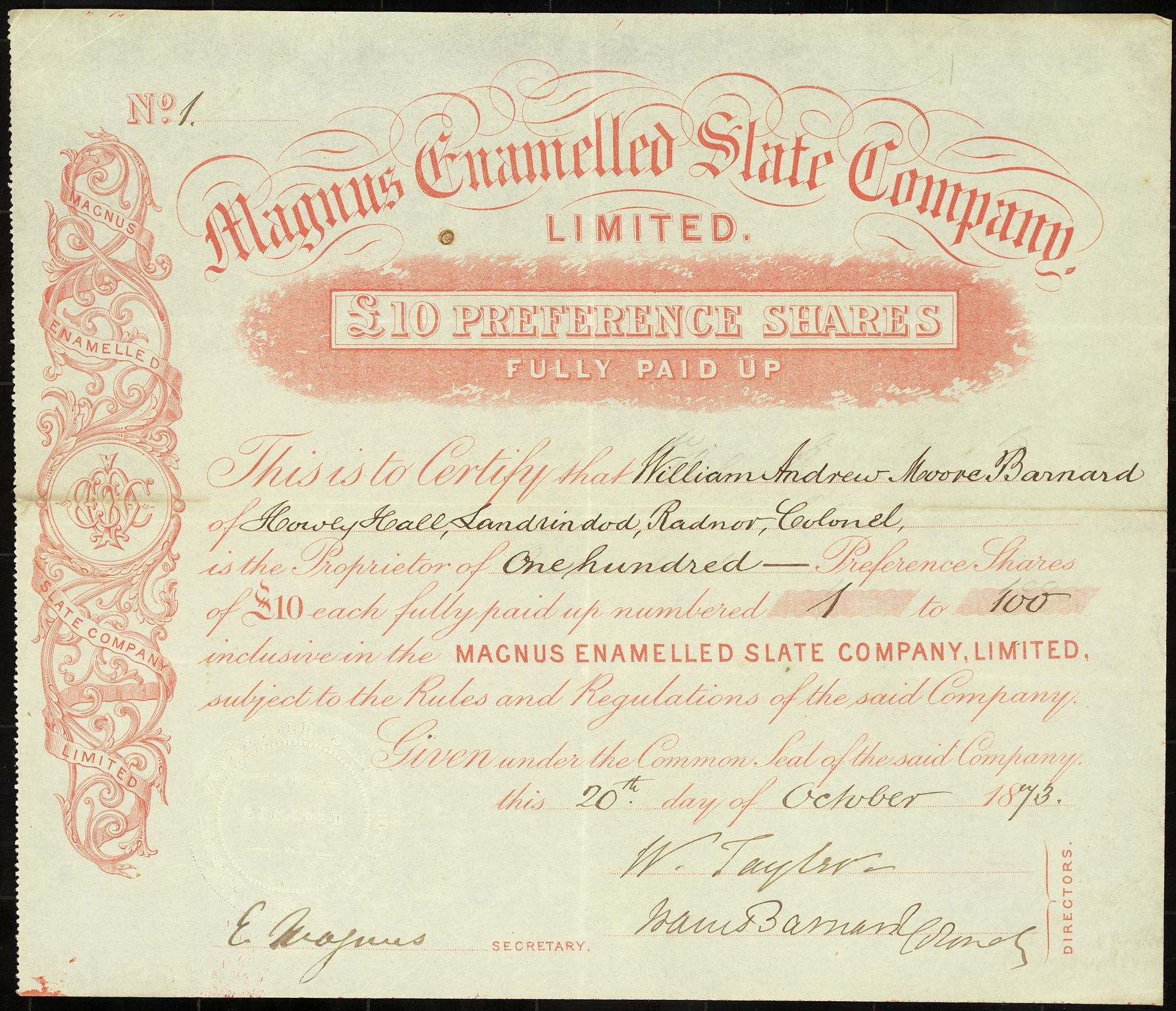Magnus Enamelled Slate Company Ltd, share certificate