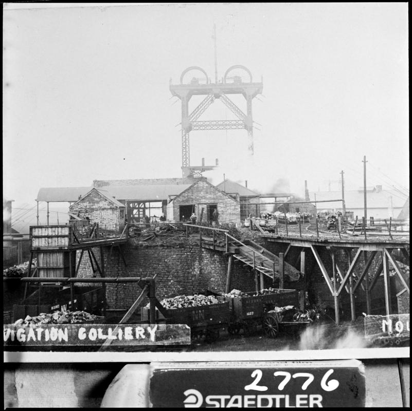 Black and white film negative of a photograph showing a surface view of Nixon&#039;s Navigation Colliery, Mountain Ash c.1910.  &#039;Nixon&#039;s Navigation&#039; is transcribed from original negative bag.