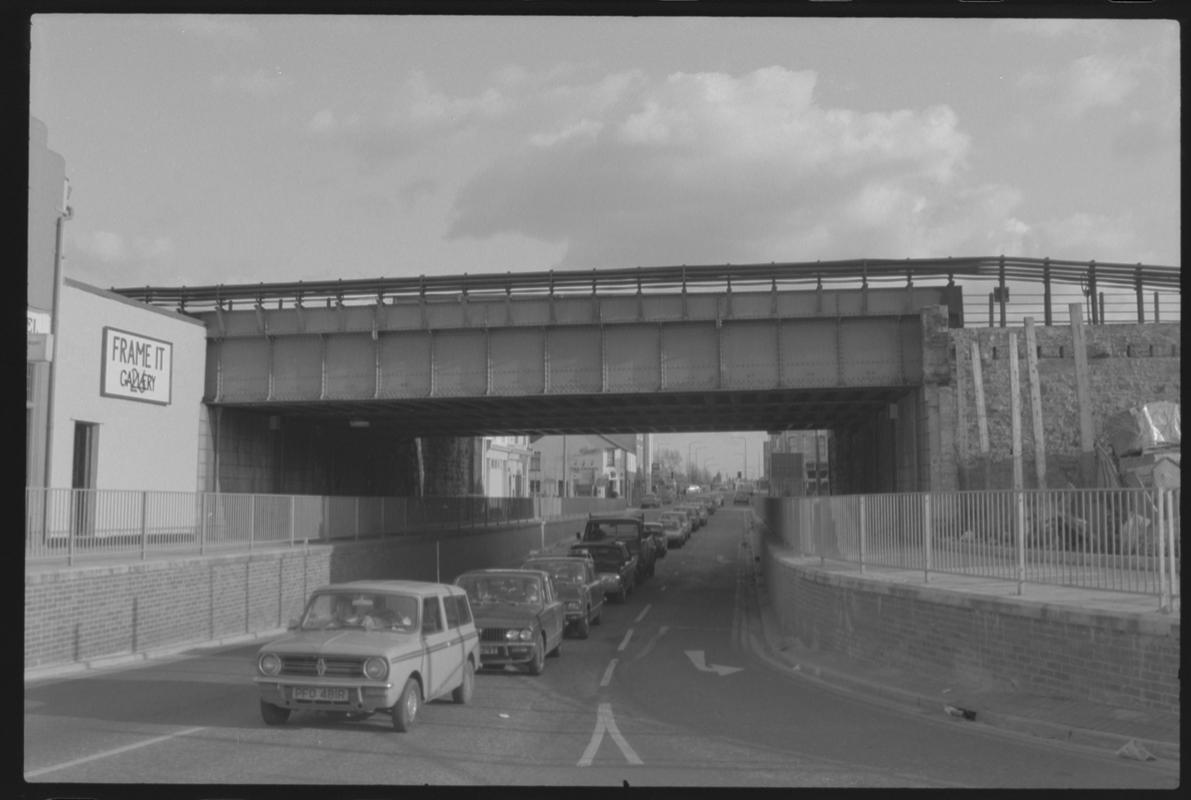 Main line railway bridge crossing top of Bute Street.