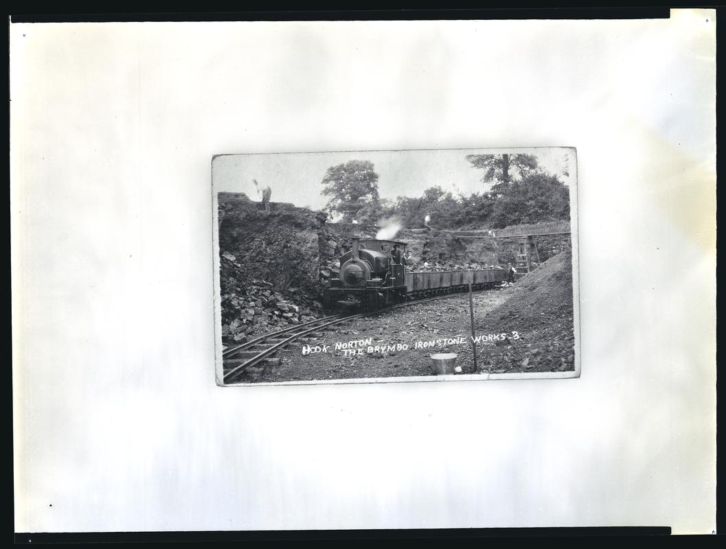 View showing steam locomotive pulling wagons of iron ore. &quot;Hook Norton - The Brymbo Ironstone Works - 3&quot;.