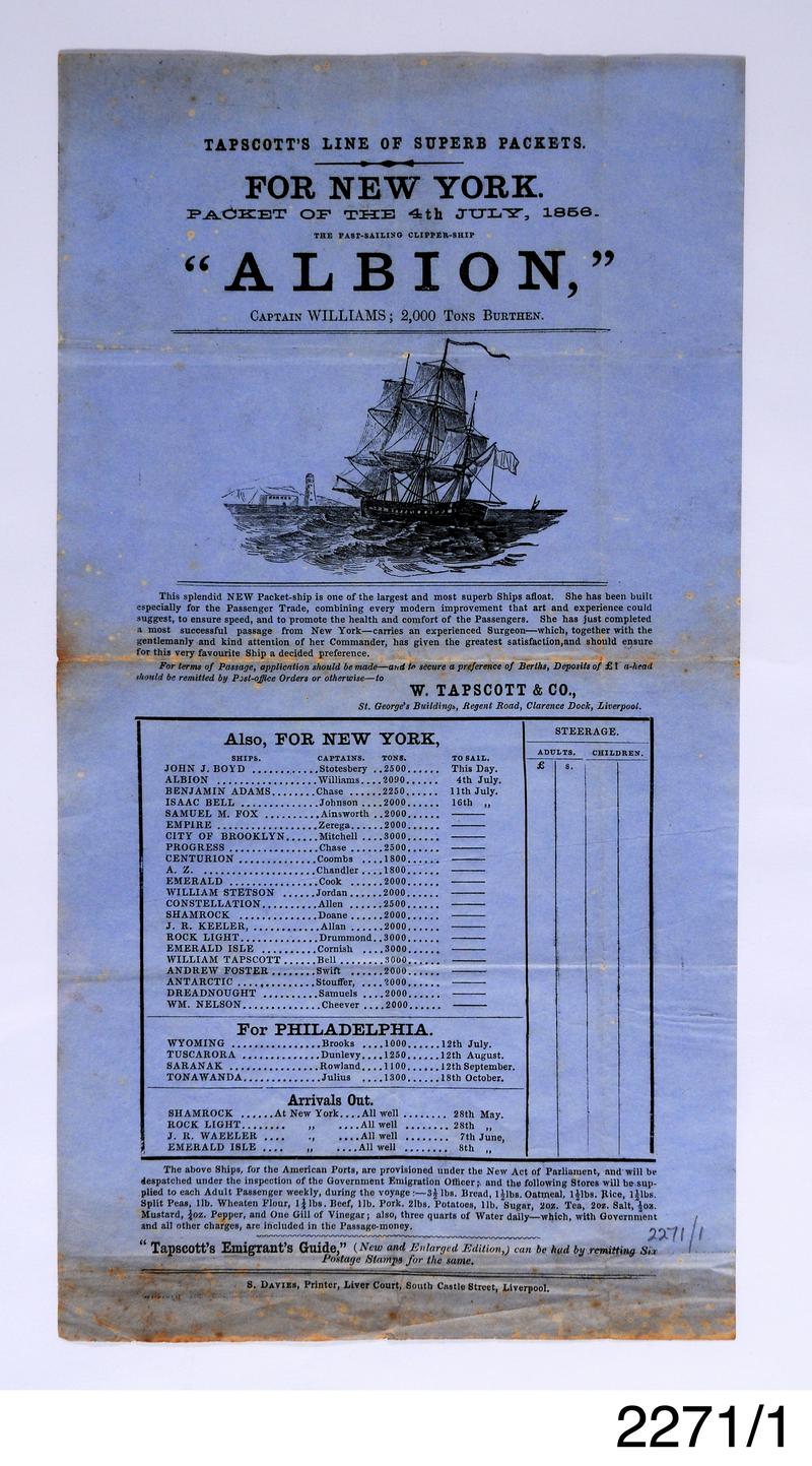 Poster advertising the Albion&#039;s voyage from Liverpool to New York