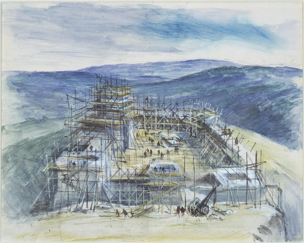 Carreg Cennen Castle, being built in the late 13th century - watercolour by Alan Sorrell - 1960