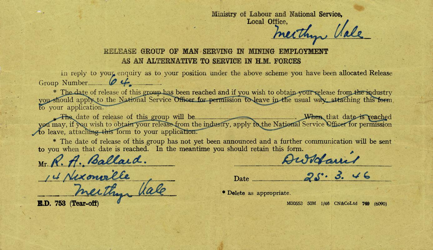 Papers relating to R.A. Ballard&#039;s Bevin Boy Service